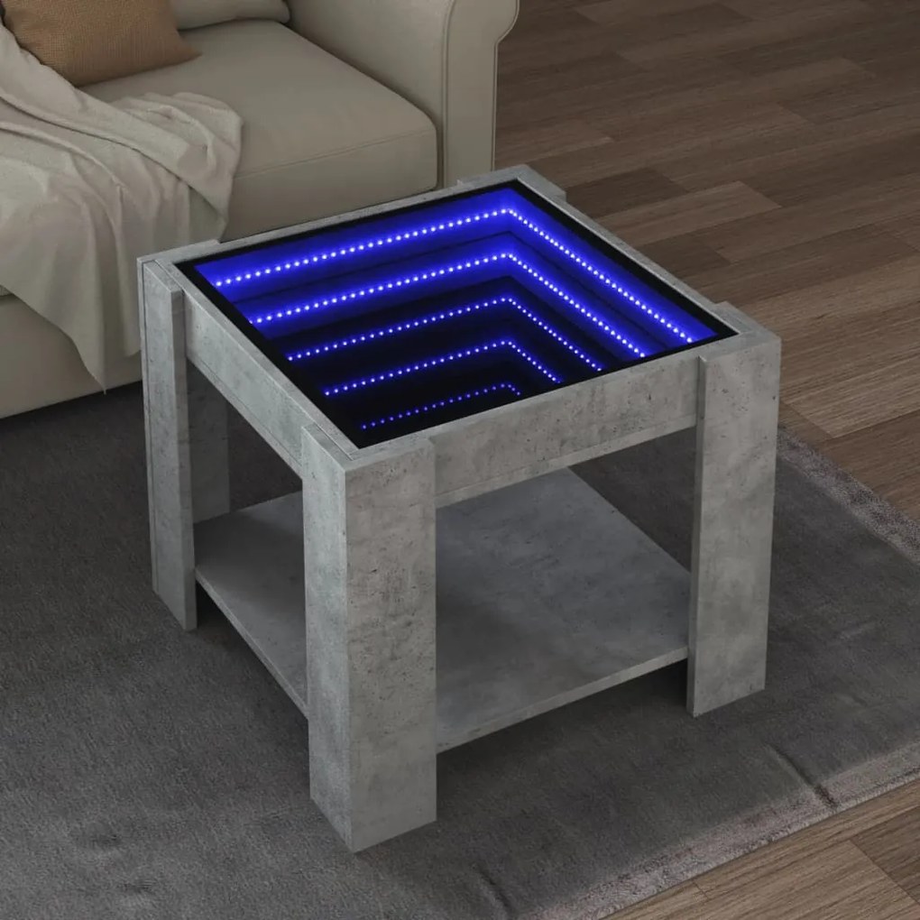 vidaXL Măsuță de cafea cu LED, gri beton, 53x53x45 cm, lemn prelucrat