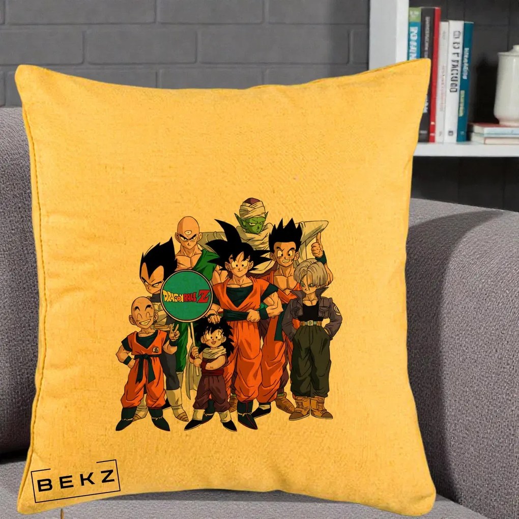 Perna Personalizata Dragon Ball Z Grup Complet, 40x40 cm, Galben, Husa Detasabila, Perna Inclusa, BEKZ®