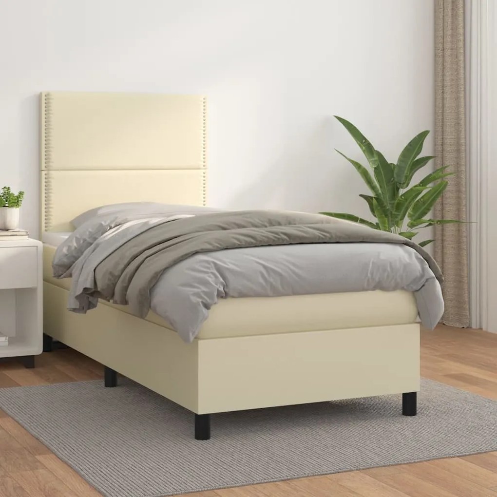 3142763 vidaXL Pat box spring cu saltea, crem, 90x200 cm, piele ecologică