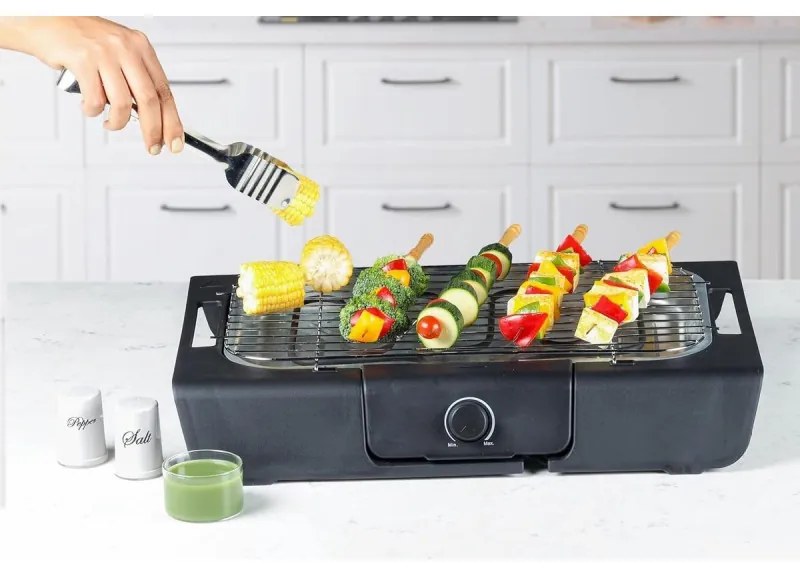 Gratar electric Royalty Line RL-SBGT2000, 2000W, 38x28 cm, Suport pliabil, 200°C, Termostat, Tava de scurgere, Negru