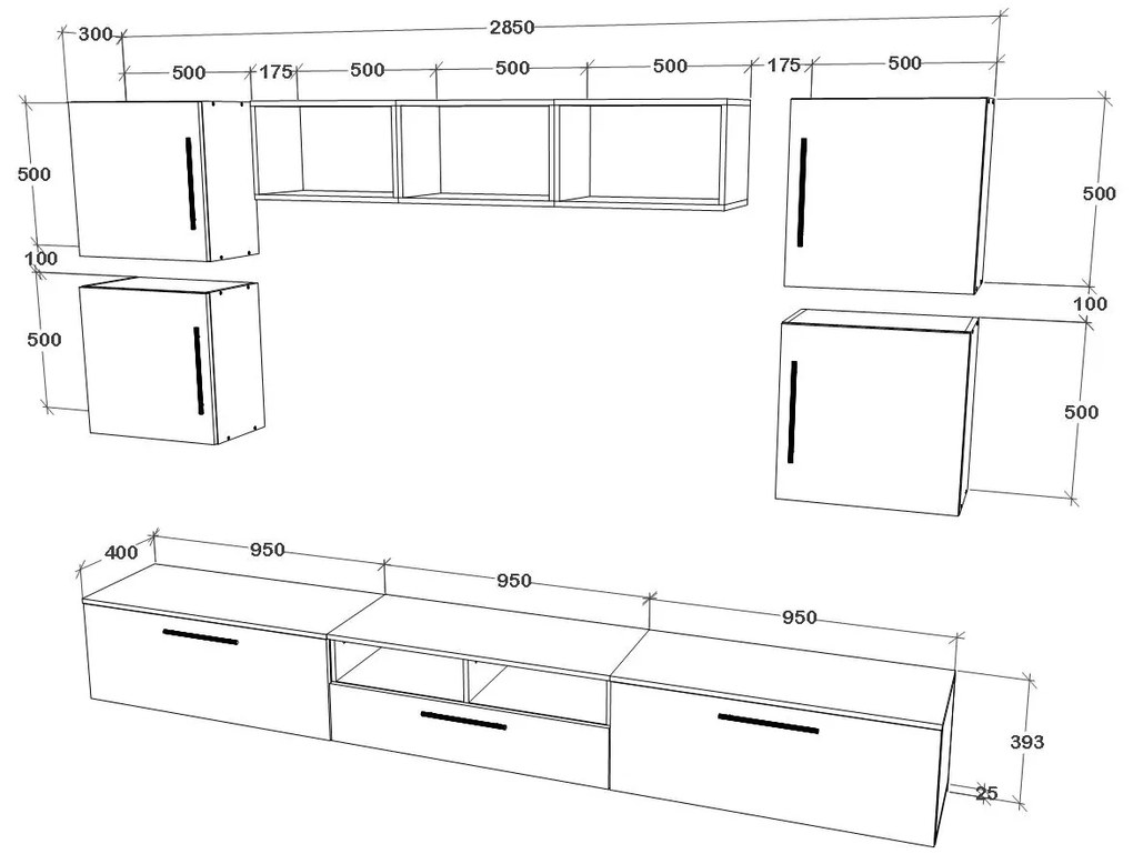 Living haaus V3, Negru/Alb Lucios, MDF, L 285 cm