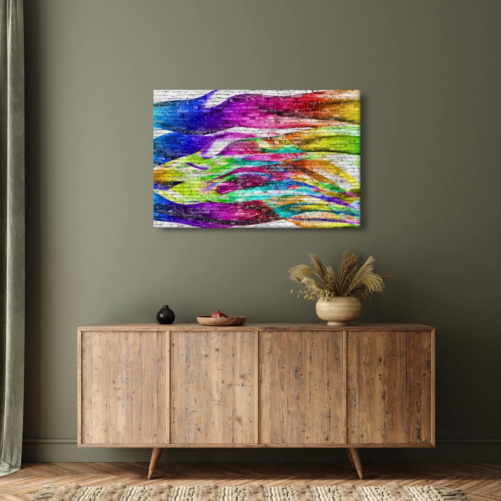 Tablou - Zid de cărămidă cu flăcări colorate (90x60 cm)