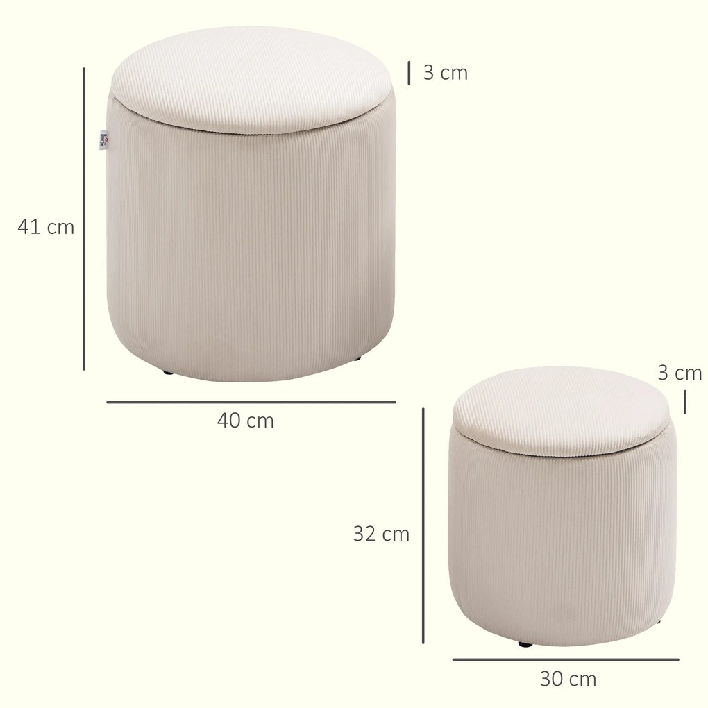 HOMCOM Set de 2 Pouf-uri pentru Depozitare Salvaspazio Rotunde și Îmbunătățite din Catifea cu Nervuri, Alb | Aosom Romania