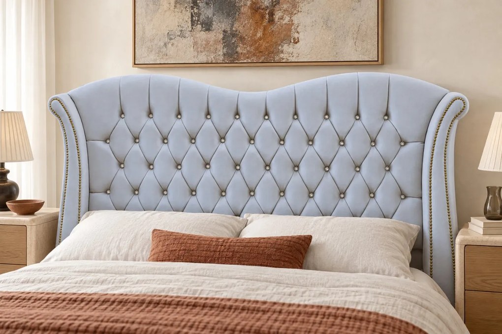 Pat tapițat Chesterfield Avella 160×200 cm, gri deschis, cu ladă de depozitare