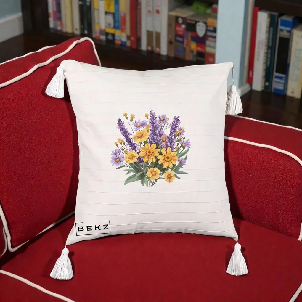 Perna Decorativa Lavanda cu Margarete Galbene si Lila, 40x40 cm, Bej cu Franjuri, Husa Detasabila, Perna Inclusa, BEKZ®