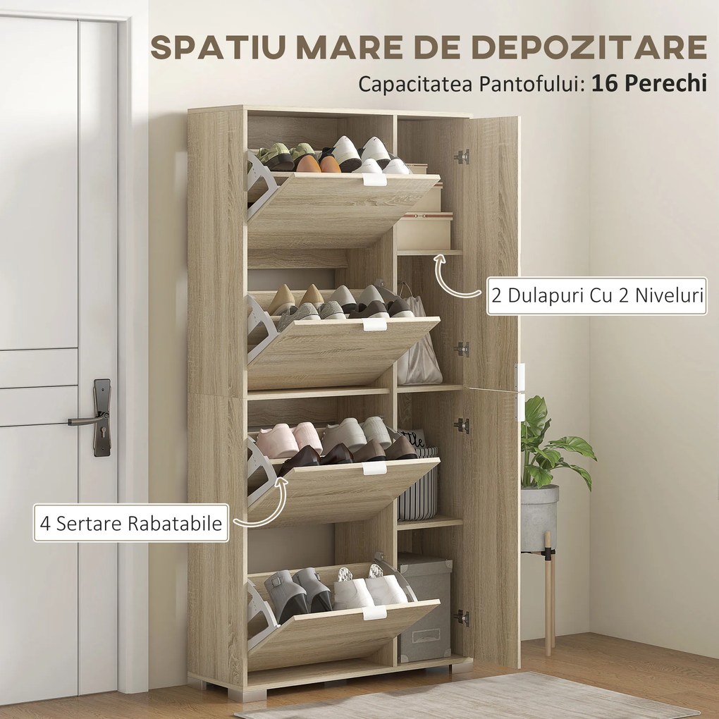 HOMCOM Etajeră pentru Pantofi cu Oglindă, 4 Sertare Rabatabile și 2 Dulapuri, 82x30x168 cm, Culoare Stejar | Aosom Romania