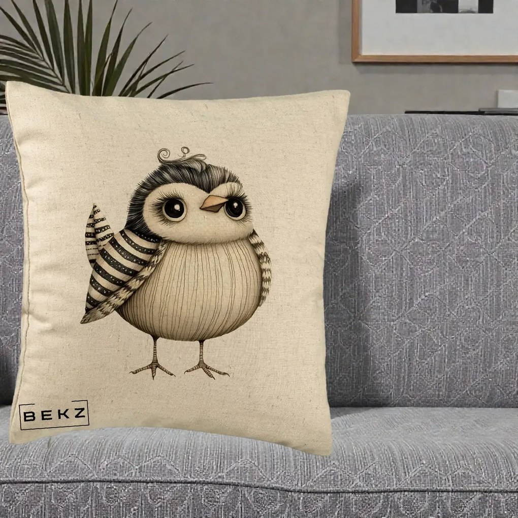Perna Decorativa Pui Elegant Alb-Negru, 40x40 cm, Bej, Husa Detasabila, Perna Inclusa, BEKZ®