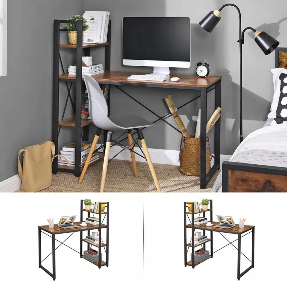 Birou de Studiu cu 3 Rafturi, PAL Melaminat, Maro / Negru, Vasagle, LWD48X