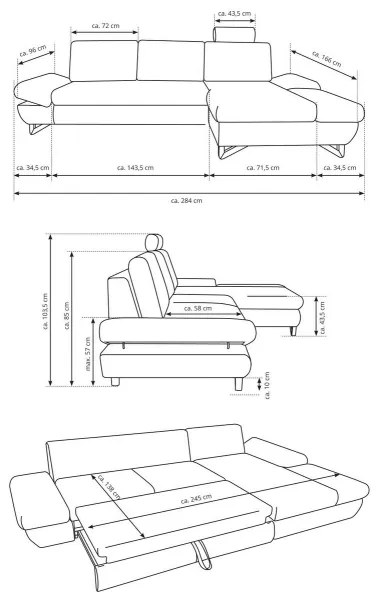 Colțar extensibil AVESTA, tapițat, în configurație L, cu spațiu de depozitare, pe partea dreaptă, antracit