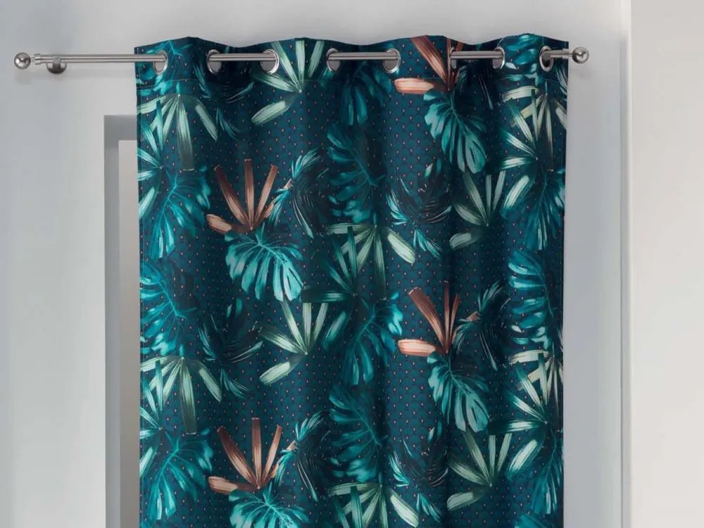 Draperie elegantă în stil scandinav, albastru închis, pe cercuri, cu frunze 140 x 260 cm