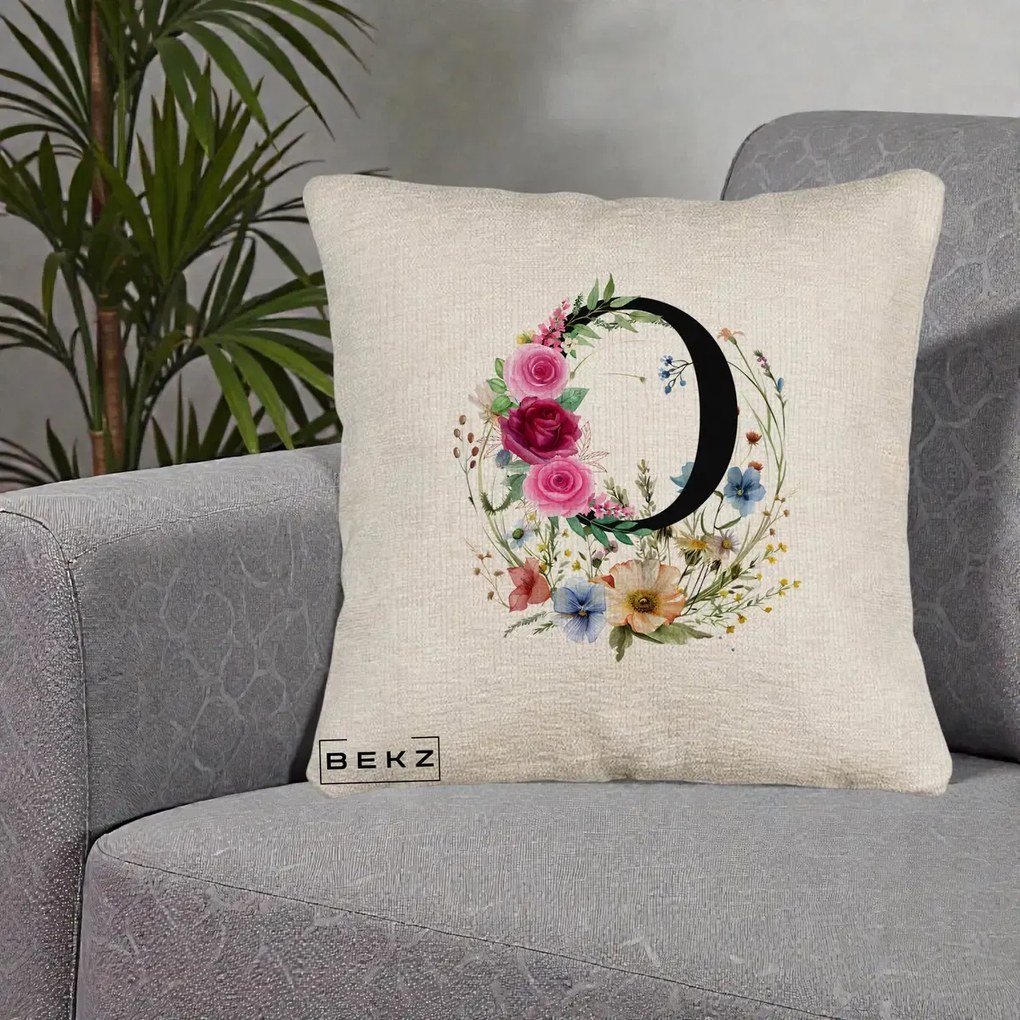 Cadou Personalizat - Perna Personalizata Monogram Litera O cu Flori Acuarela, 40x40 cm, Bej Canapea, Husa Detasabila, Perna Inclusa, BEKZ®