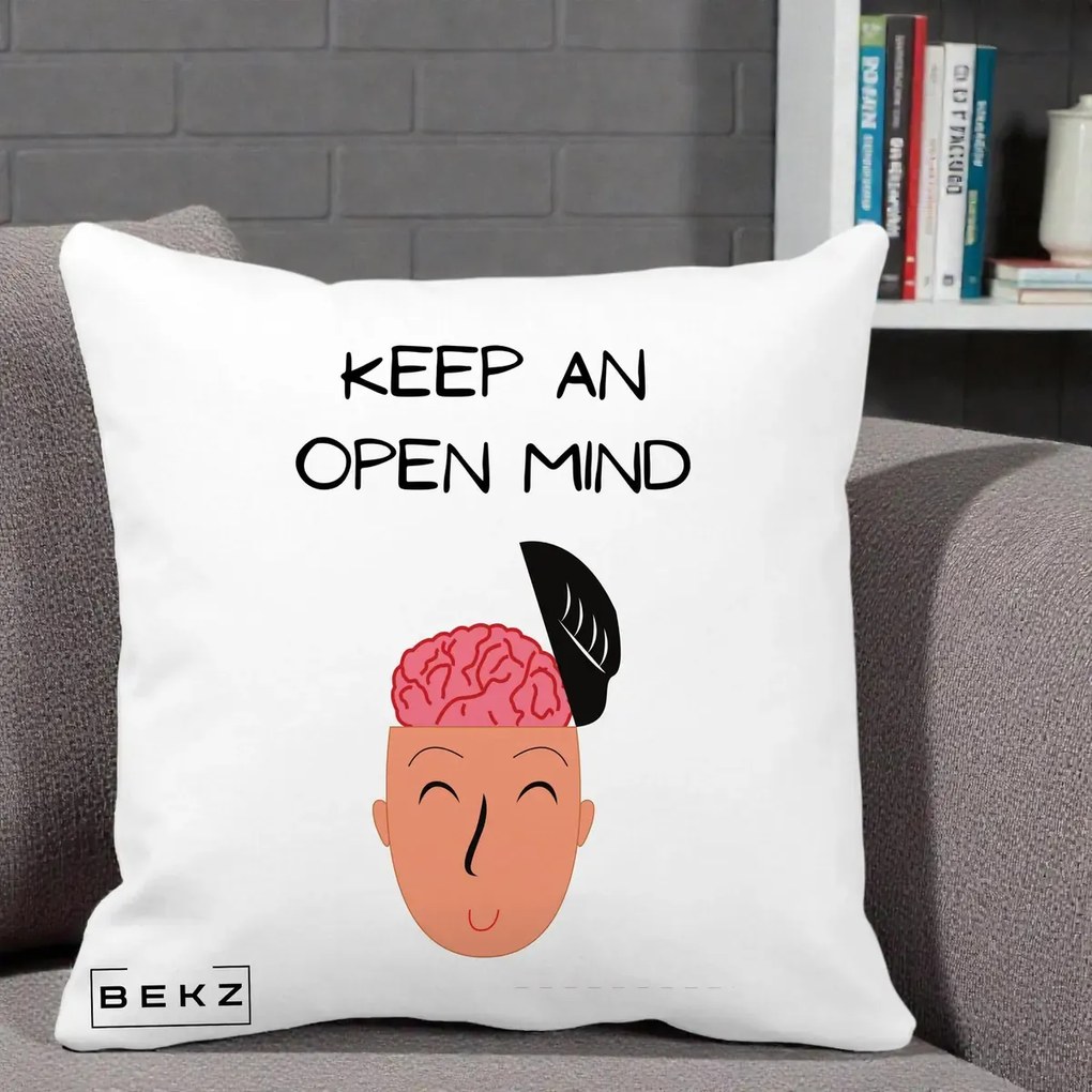 Perna Decorativa Keep An Open Mind, 40x40 cm, Alba Mata, Husa Detasabila, Perna Inclusa, BEKZ®