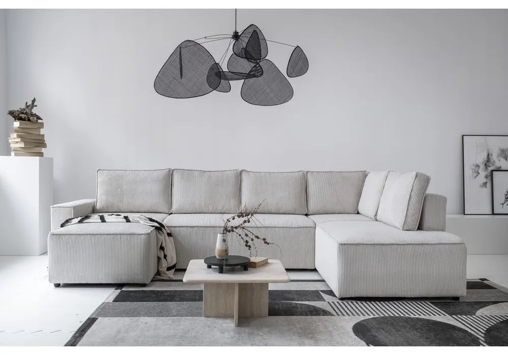 Colțar alb extensibil cu tapițerie din catifea reiată (cu colț pe partea dreaptă/în formă de "U") Brave Dave – Miuform