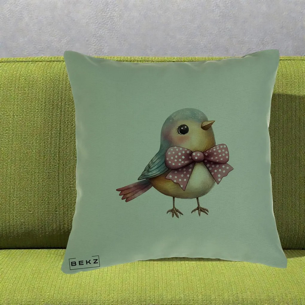 Perna Decorativa Pasare Bleu cu Fundita Roz, 40x40 cm, Verde, Husa Detasabila, Perna Inclusa, BEKZ®