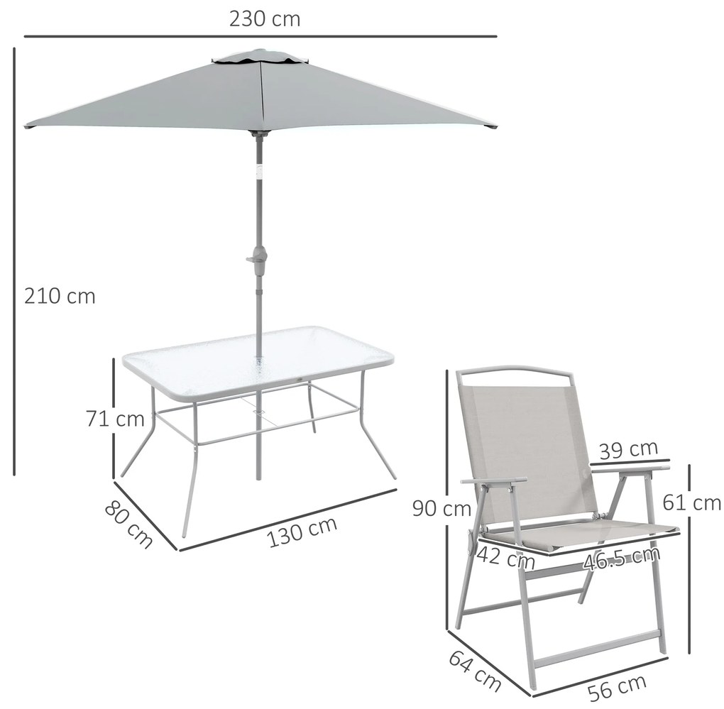 Outsunny Set de Grădină cu Masă, 6 Scaune Pliante și Umbrelă de Soare cu Manivelă, Lounge în Aer Liber din 8 Piese, 130x80x71 cm, Gri