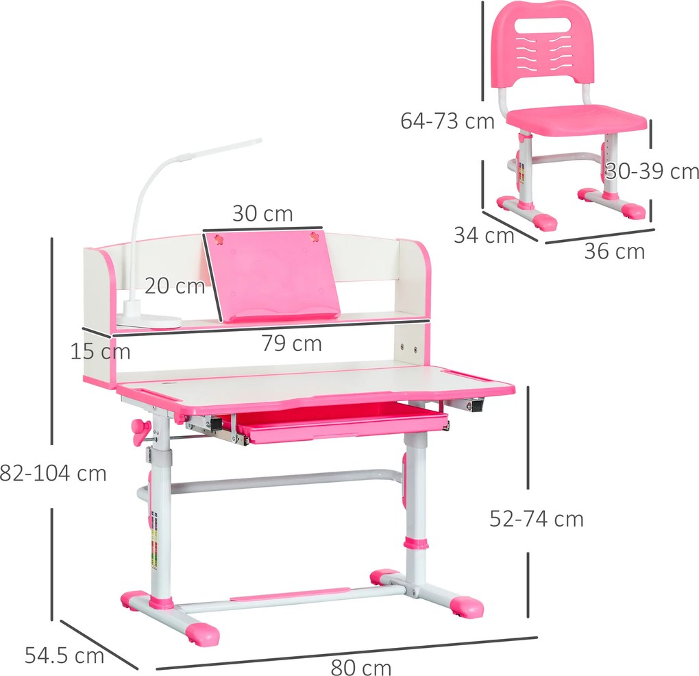 HOMCOM Birou Copii 6-12 Ani, Reglabile pe Înălțime cu Blat Înclinabil la 45°, cu Bancă și Scaun, 80x54,5x82-104 cm, Roz | Aosom Romania