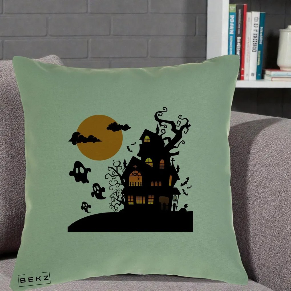 Perna Decorativa Halloween Casa Bantuita cu Fantome, 40x40 cm, Verde, Husa Detasabila, Perna Inclusa, BEKZ®