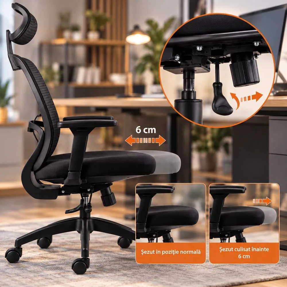 Scaun de birou ergonomic din mesh cu brațe 3D și spătar rabatabil OFF 404 negru
