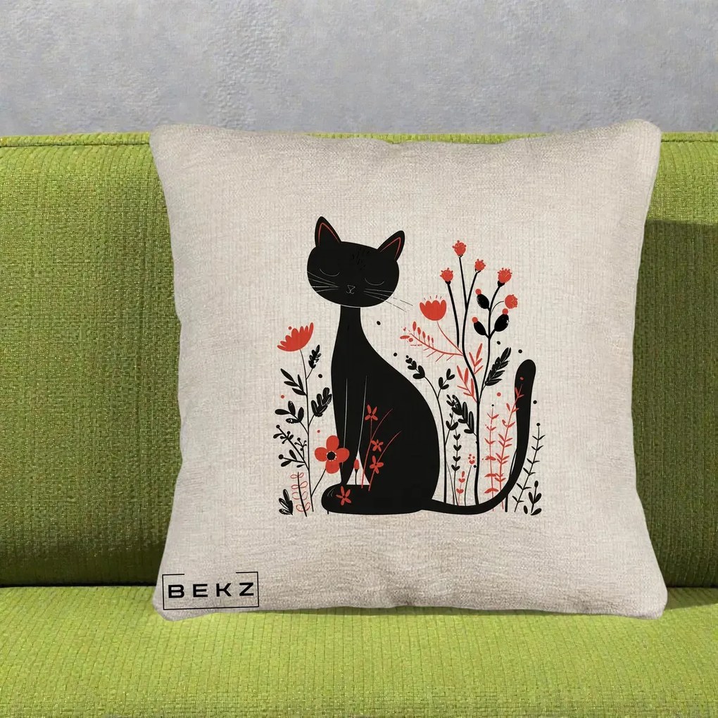 Perna Decorativa Pisica Neagra Flori Rosii Folk Minimal, 40x40 cm, Bej Canapea, Husa Detasabila, Perna Inclusa, BEKZ®