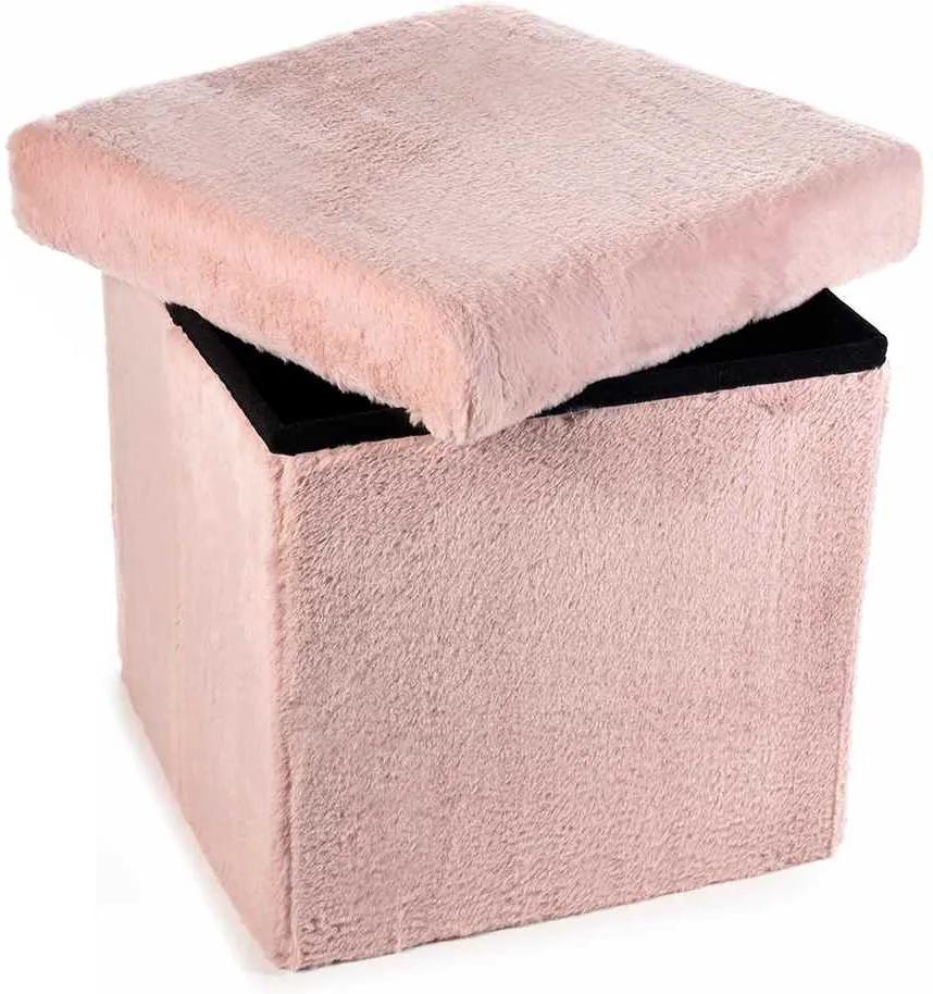 Taburet pliabil cu spatiu depozitare din textil pufos roz 38 cm x 38 cm x 38h