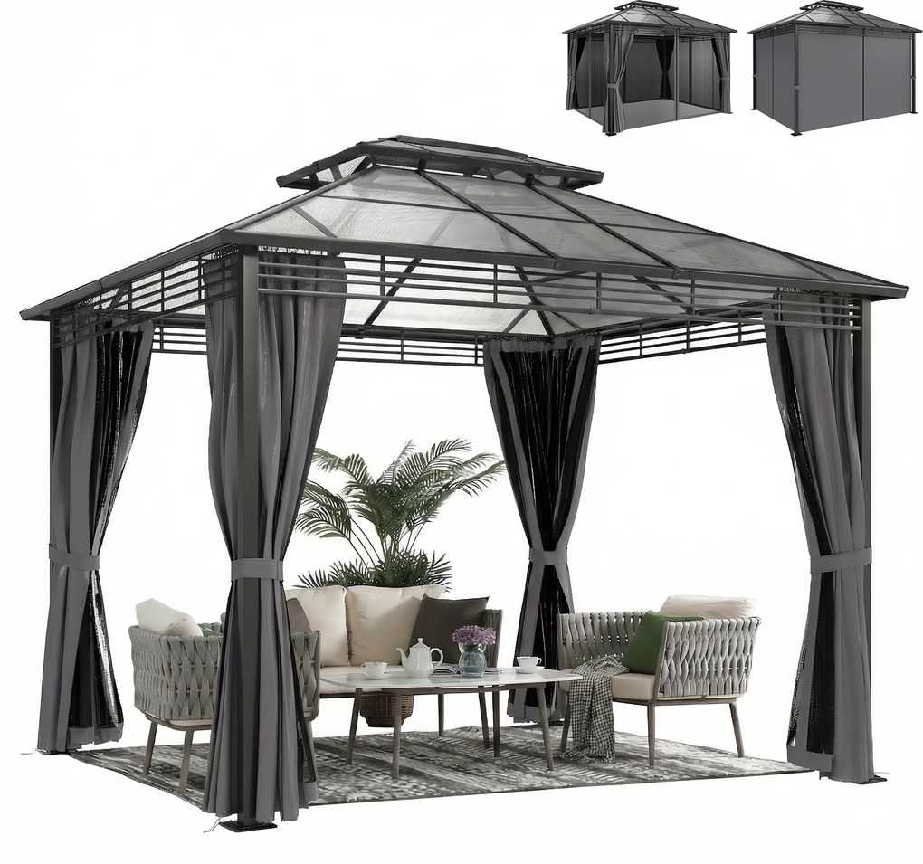 Outsunny Pavilion de grădină ca. 3,6x3m Pavilion din aluminiu cu dublu acoperiș din policarbonat de 6 mm, plasă de țânțari, 4 părți laterale, gri închis | Aosom Romania