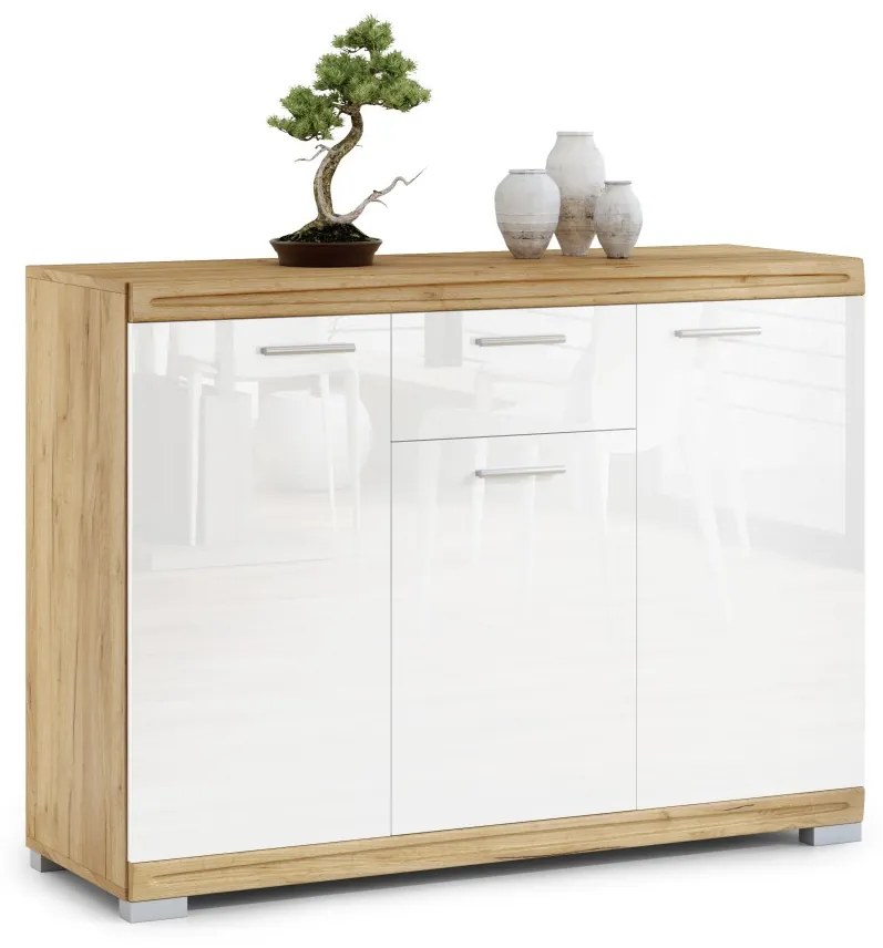 Mazzoni Mobilier perete SIMPLE Stejar Craft Auriu/Alb Luciu - COMODĂ MARE TV VITRINĂ DOUĂ COMODE PENTRU LIVING