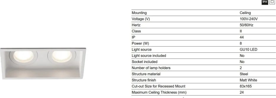 Rama Spot incastrabil tavan baie IP44 HYDE SQ 2L alb