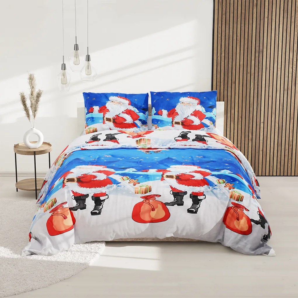 Lenjerie de pat din bumbac albastru, MAGIC SANTA + husa de perna 40 x 50 cm gratuit