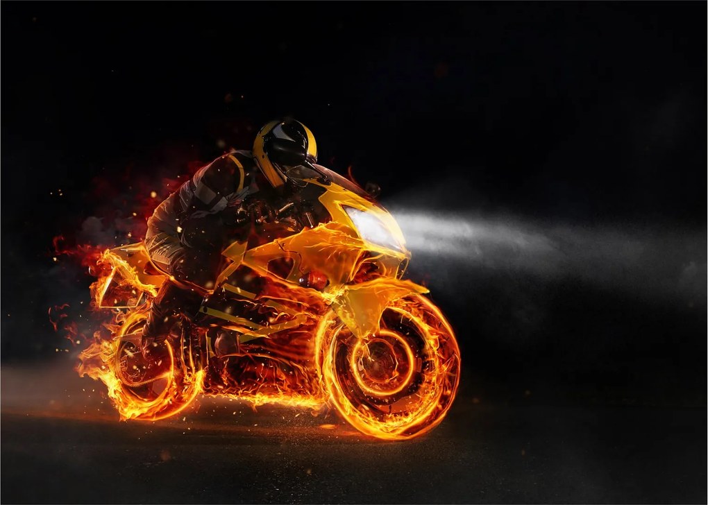 Tablou pe sticlă - Motociclist cu flăcări (70x50 cm)