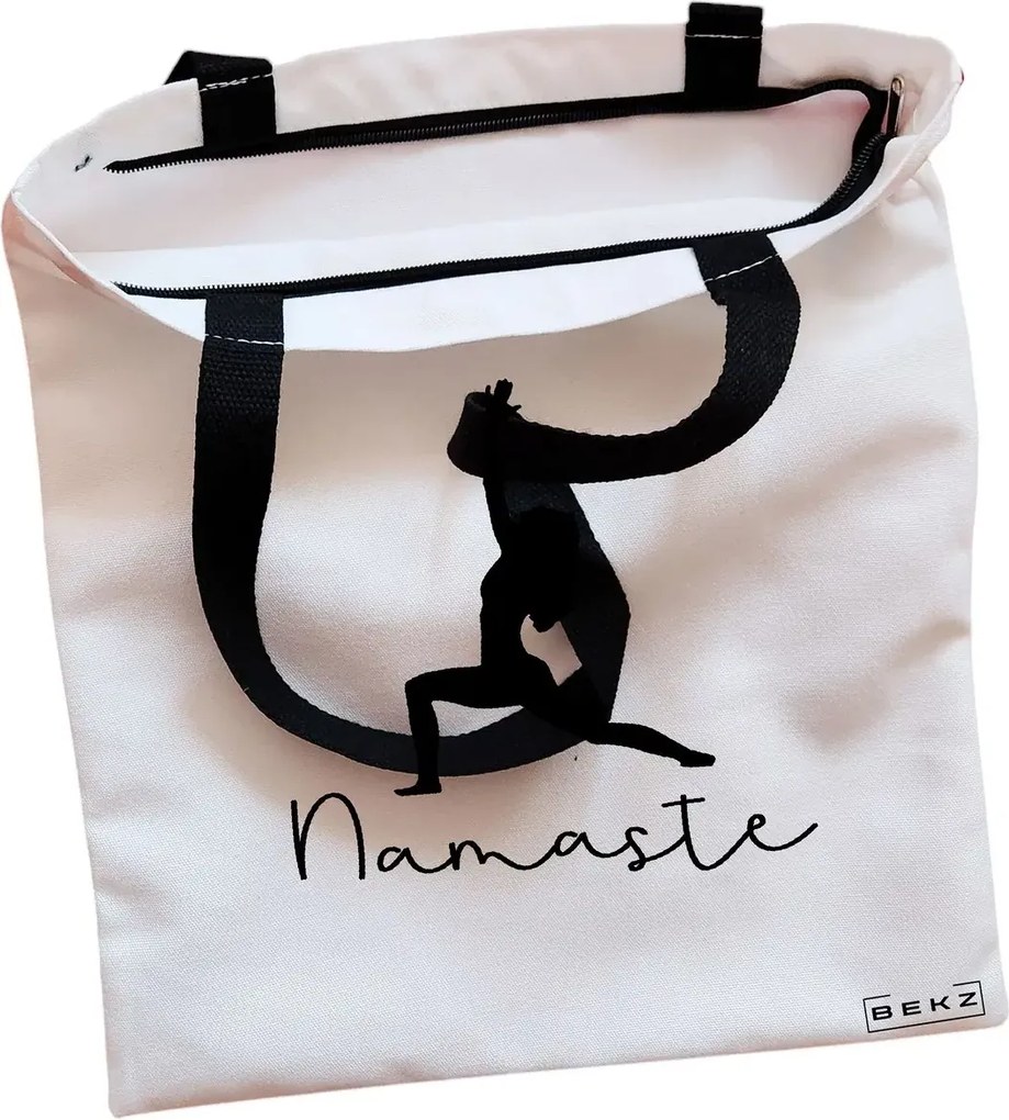 Sacosa de Panza pentru Cumparaturi, Geanta Tote, Yoga Namaste, Cu fermoar, 38x34.5 cm, Alba, BEKZ®