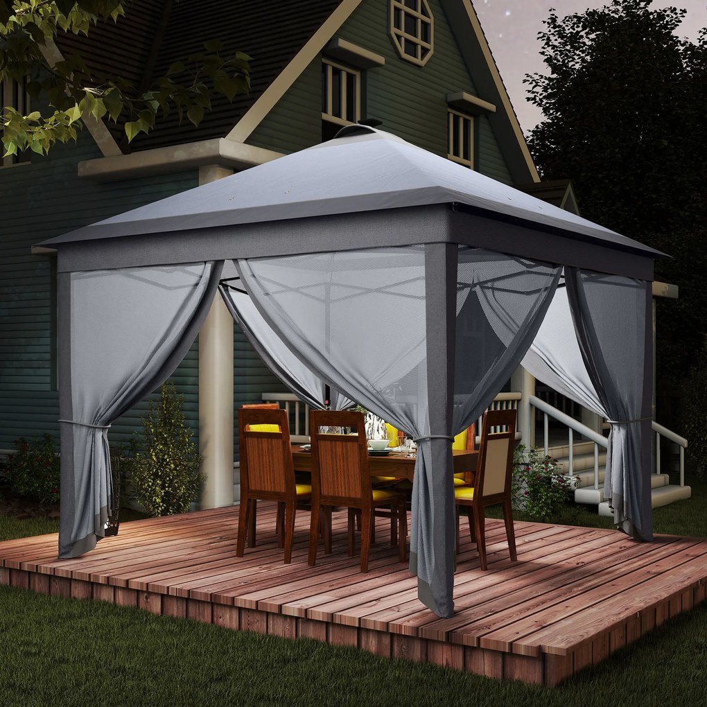 Outsunny Pavilion pliant 3,3 x 3,3 m cu iluminare LED, draperii din plasă, geantă de transport, Gri | Aosom Romania