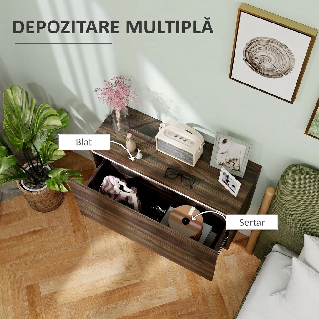 HOMCOM Noptiera Suspendată cu Montare pe Perete și Sertar de Depozitare, 80x30x45 cm, Maro | Aosom Romania