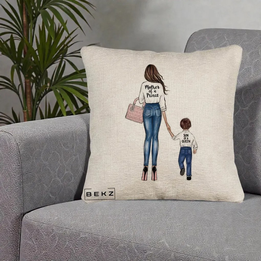 Cadou pentru Mama - Perna Personalizata Canapea, Model Mother of a Prince, 40x40 cm, Bej Canapea, Husa Detasabila, Perna Inclusa, BEKZ®