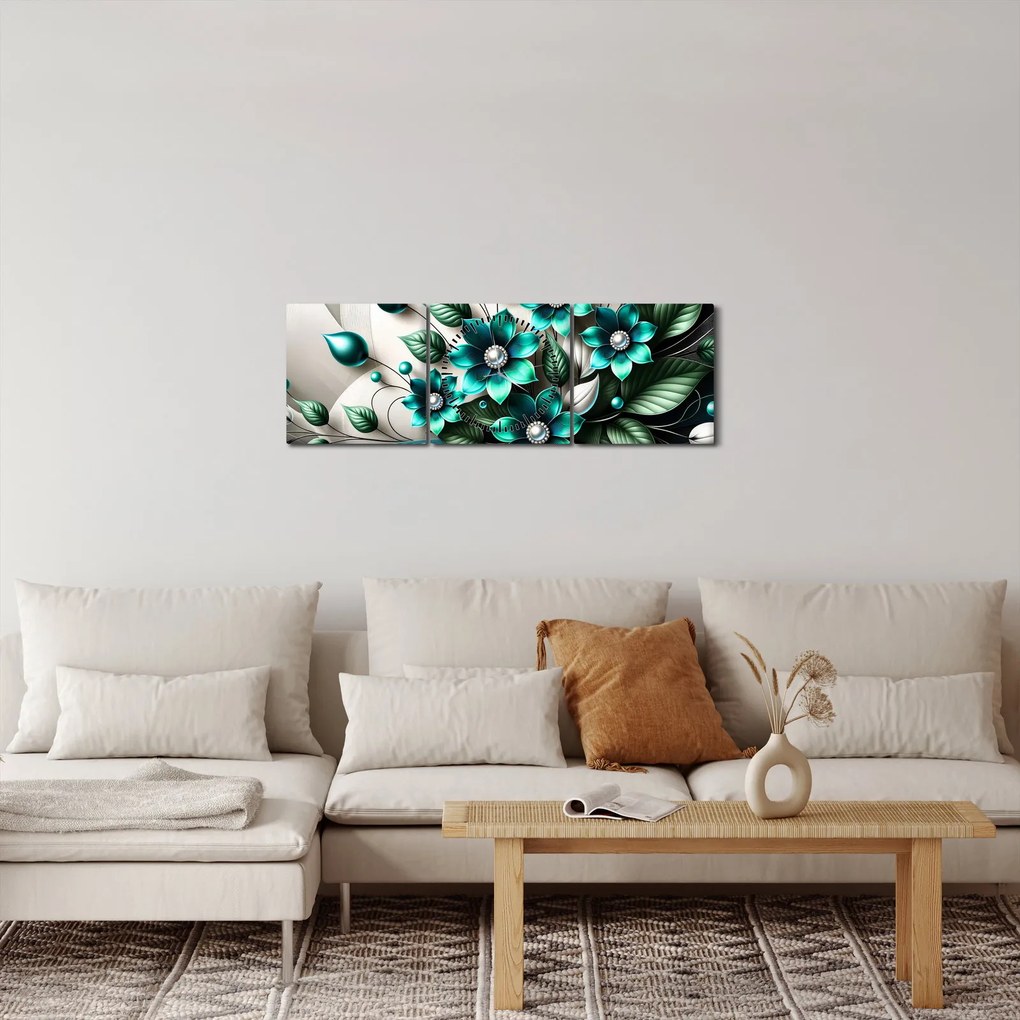 Tablou - Flori turcoaz 3D (cu ceas) (90x30 cm)