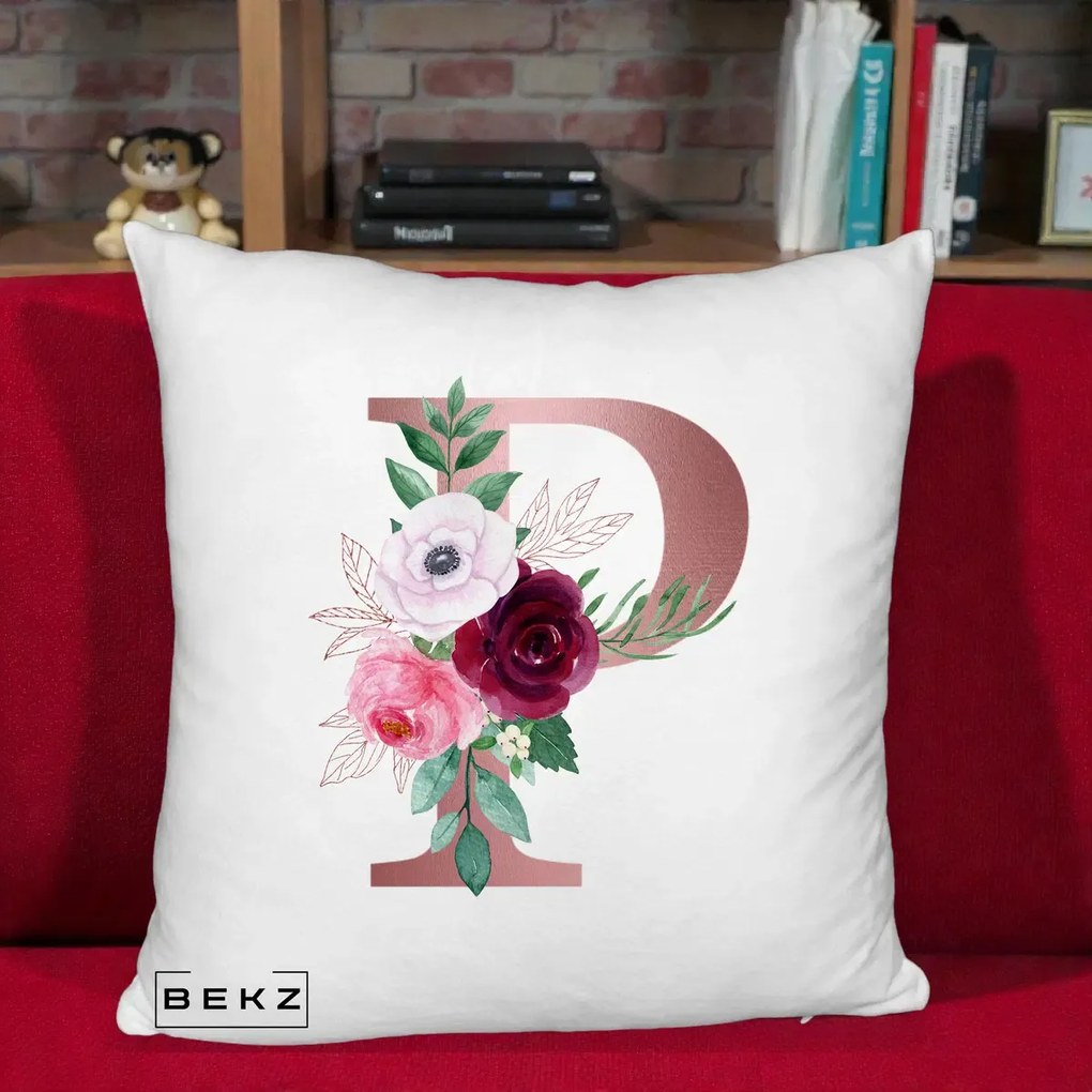 Cadou Personalizat - Perna Personalizata Monograma Rose Gold Litera P, 40x40 cm, Alb Pufos, Husa Detasabila, Perna Inclusa, BEKZ®