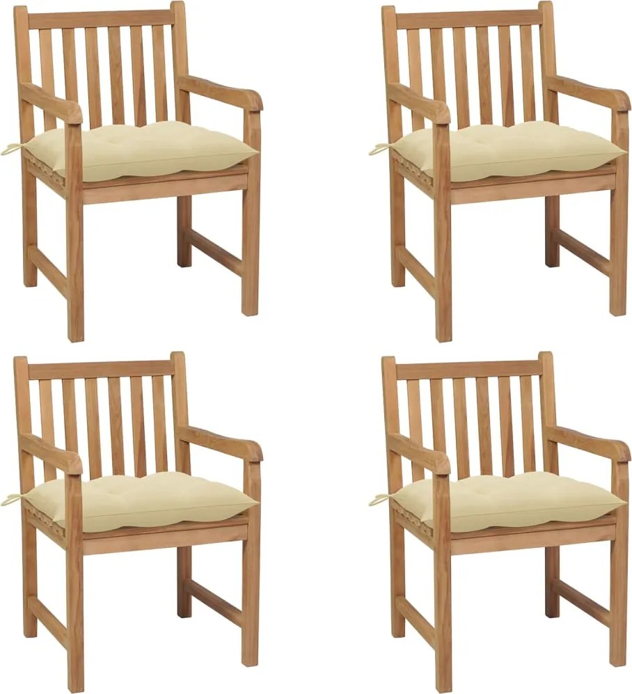 vidaXL Scaune de grădină cu perne alb crem, 4 buc., lemn masiv de tec