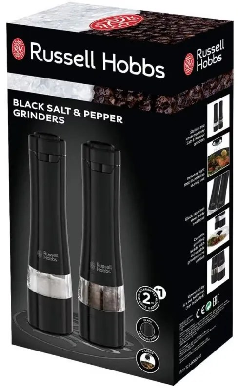 Moara electrica de sare si piper Russell Hobbs Black 28010-56, Mecanism ceramic, LED, Negru
