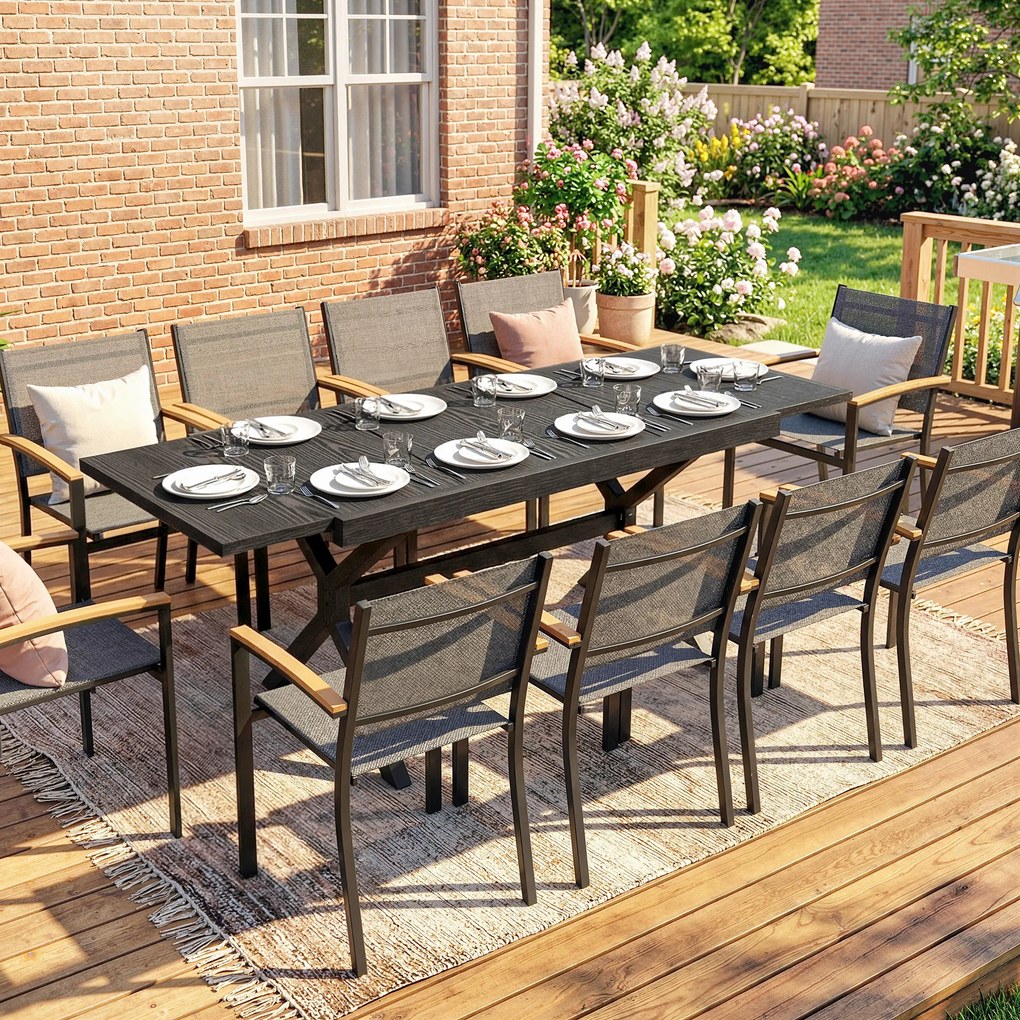Outsunny Masă de Grădină Extensibilă din Aluminiu Masă de Luat Masa în Aer Liber Efect Lemn 8-10 Persoane 214x85x73cm Gri Antracit | Aosom Romania