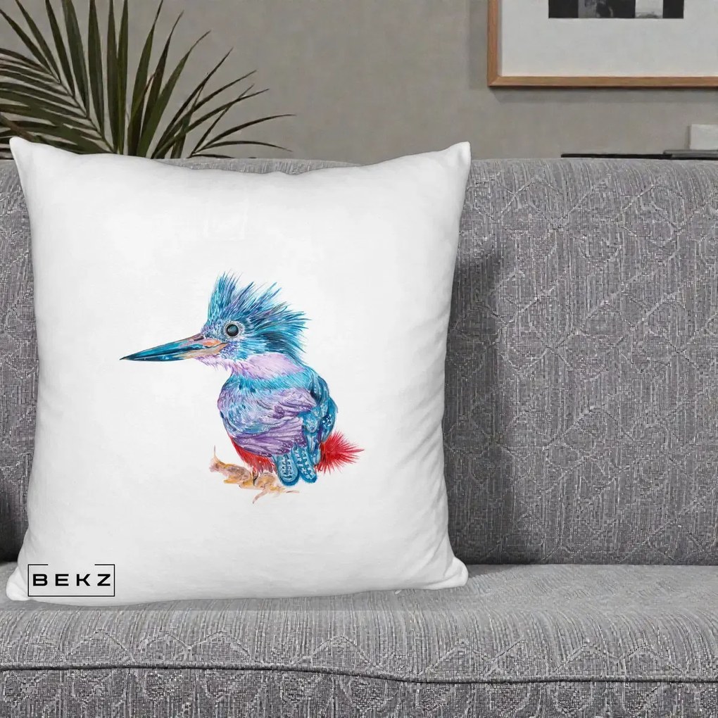 Perna Decorativa Pasare Martin Pescar Acuarela Albastru-Mov, 40x40 cm, Alb Pufos, Husa Detasabila, Perna Inclusa, BEKZ®