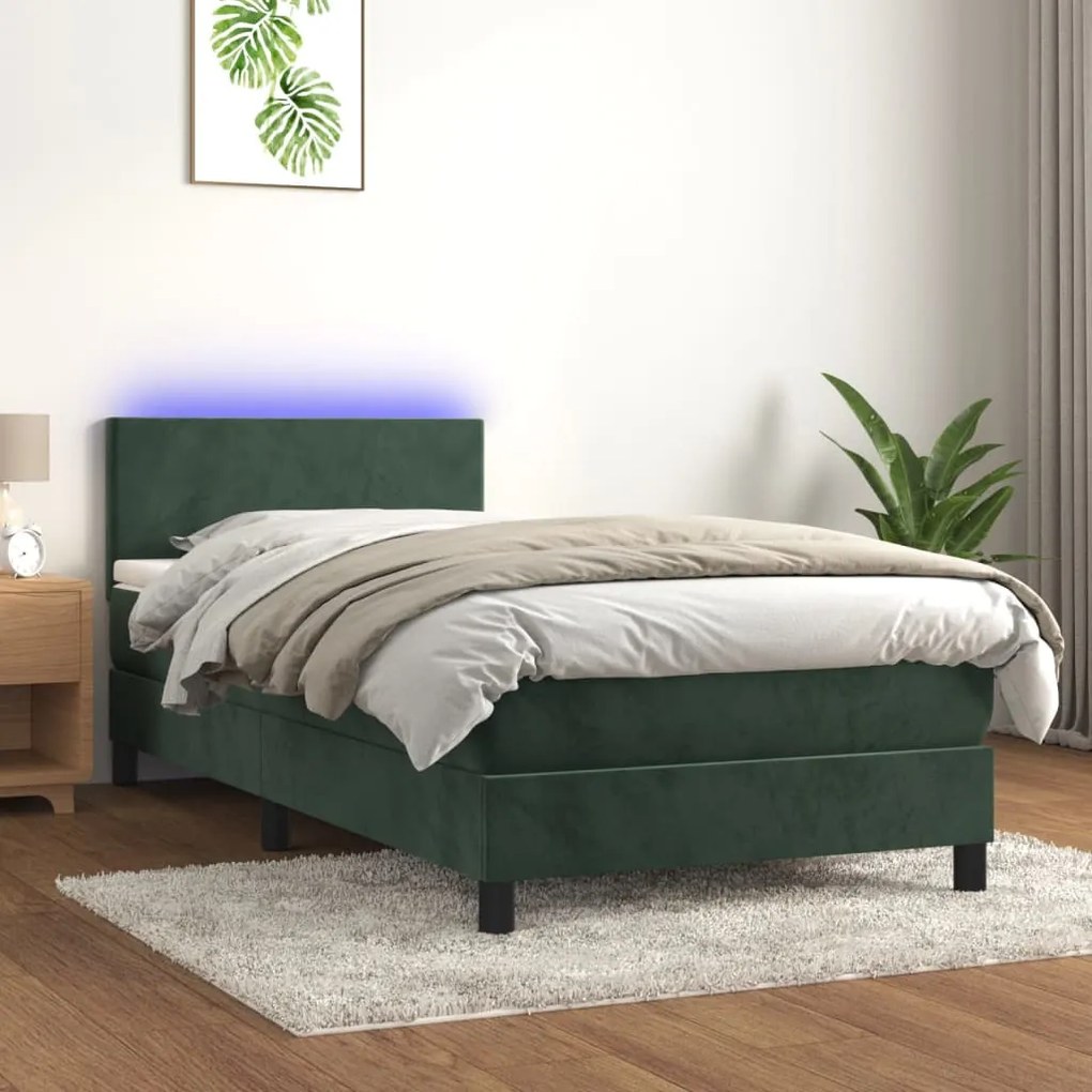 3134258 vidaXL Pat cu arcuri, saltea și LED, verde închis, 90x190 cm, catifea