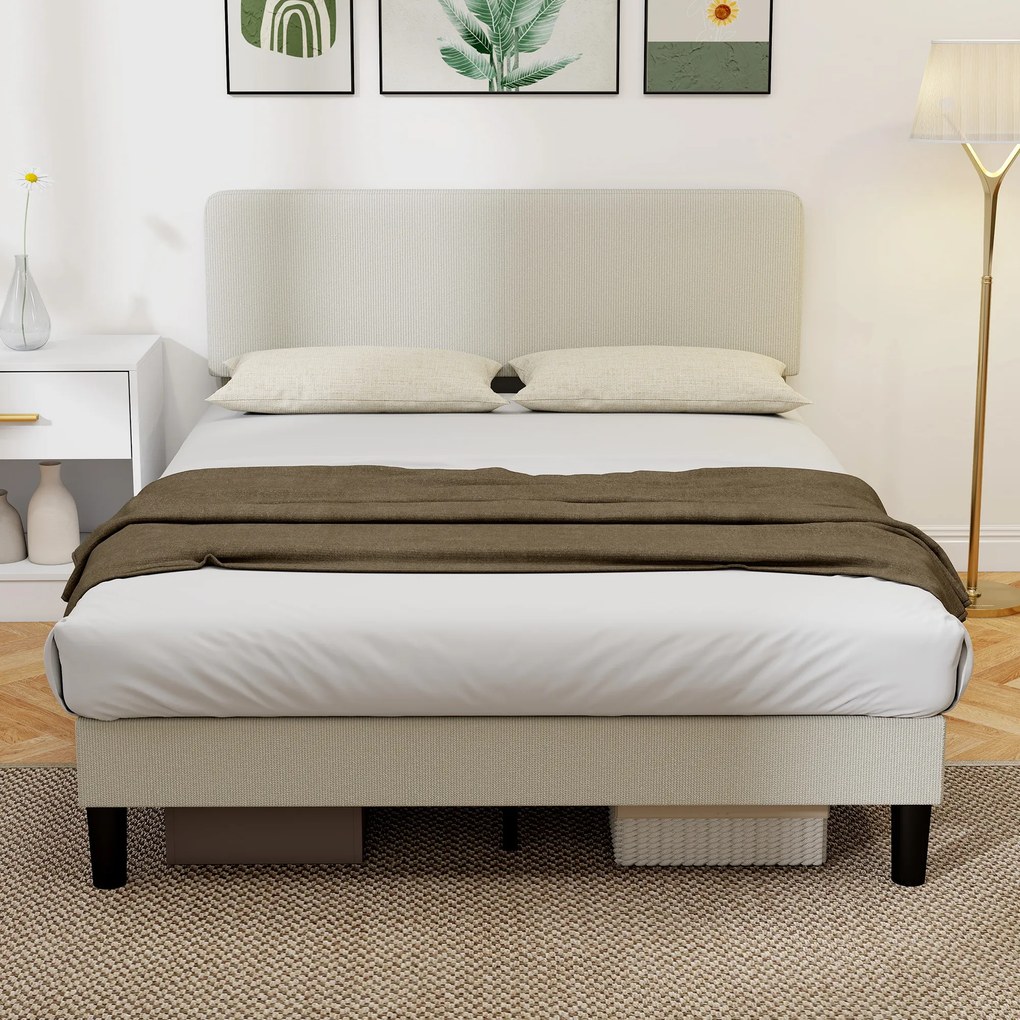 HOMCOM Cadru de Pat Matrimonial 140x200 cm Cap de Pat Reglabil pe Înălțime Îmbrăcat în Catifea, Pat Matrimonial cu Șipci de Lemn, pentru Dormitor, Montaj Ușor, Gri Deschis | Aosom Romania
