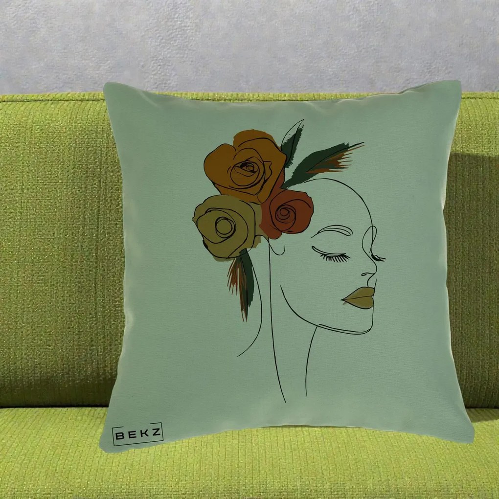 Perna Decorativa Portret Feminin Trandafiri Ruginii, 40x40 cm, Verde, Husa Detasabila, Perna Inclusa, BEKZ®