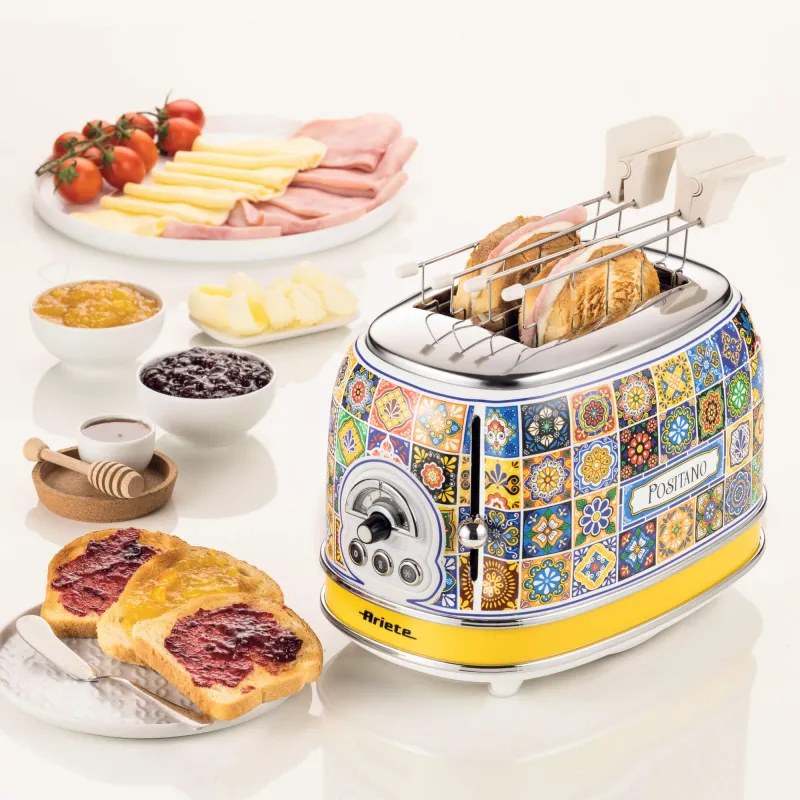 Prajitor de paine Ariete Positano 0155/0P, 810W, 2 felii, 3 functii, 6 trepte, Tava firimituri detasabila, Alb/Galben
