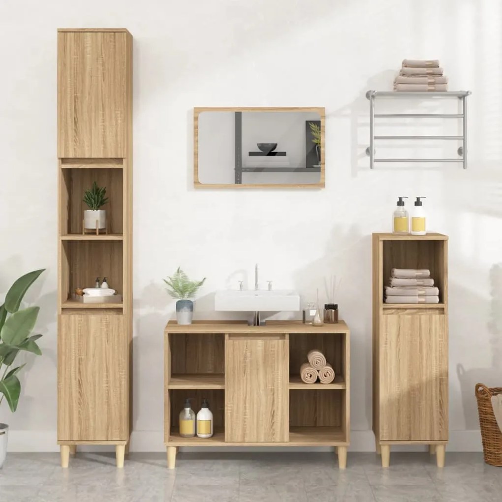3185616 vidaXL Set mobilier de baie, 3 piese, stejar sonoma, lemn prelucrat