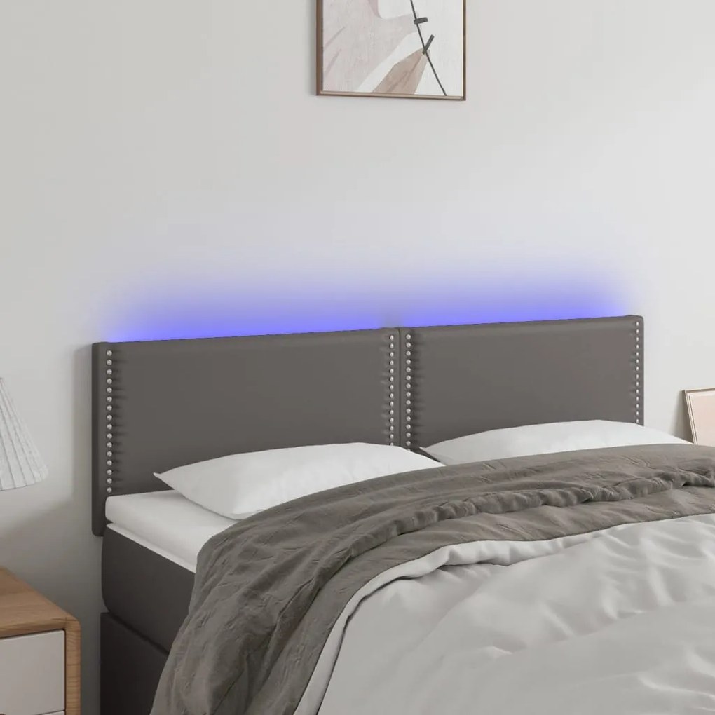 vidaXL Tăblie de pat cu LED, gri, 144x5x78/88 cm, piele ecologică