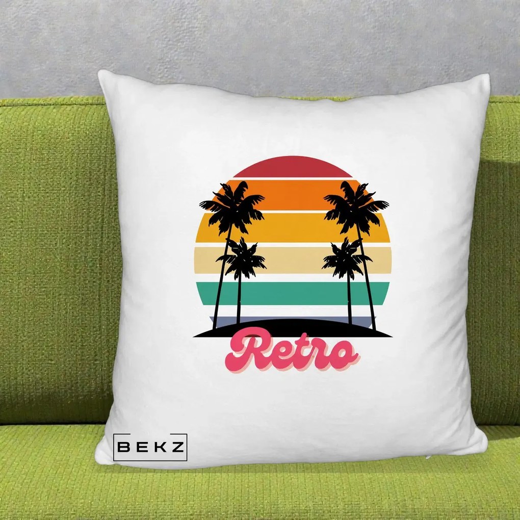 Perna Decorativa Retro Sunset Palmieri, 40x40 cm, Alb Pufos, Husa Detasabila, Perna Inclusa, BEKZ®