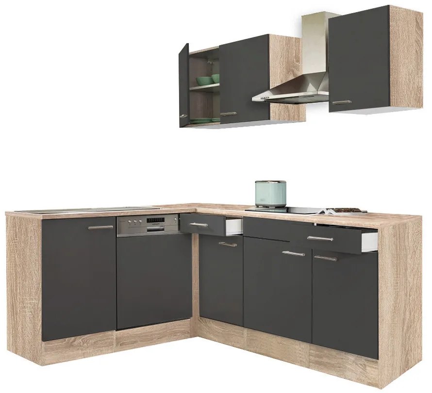 Mobilă de bucătărie de colț Yorki 220, corp din stejar sonoma, cu față antracit satinat