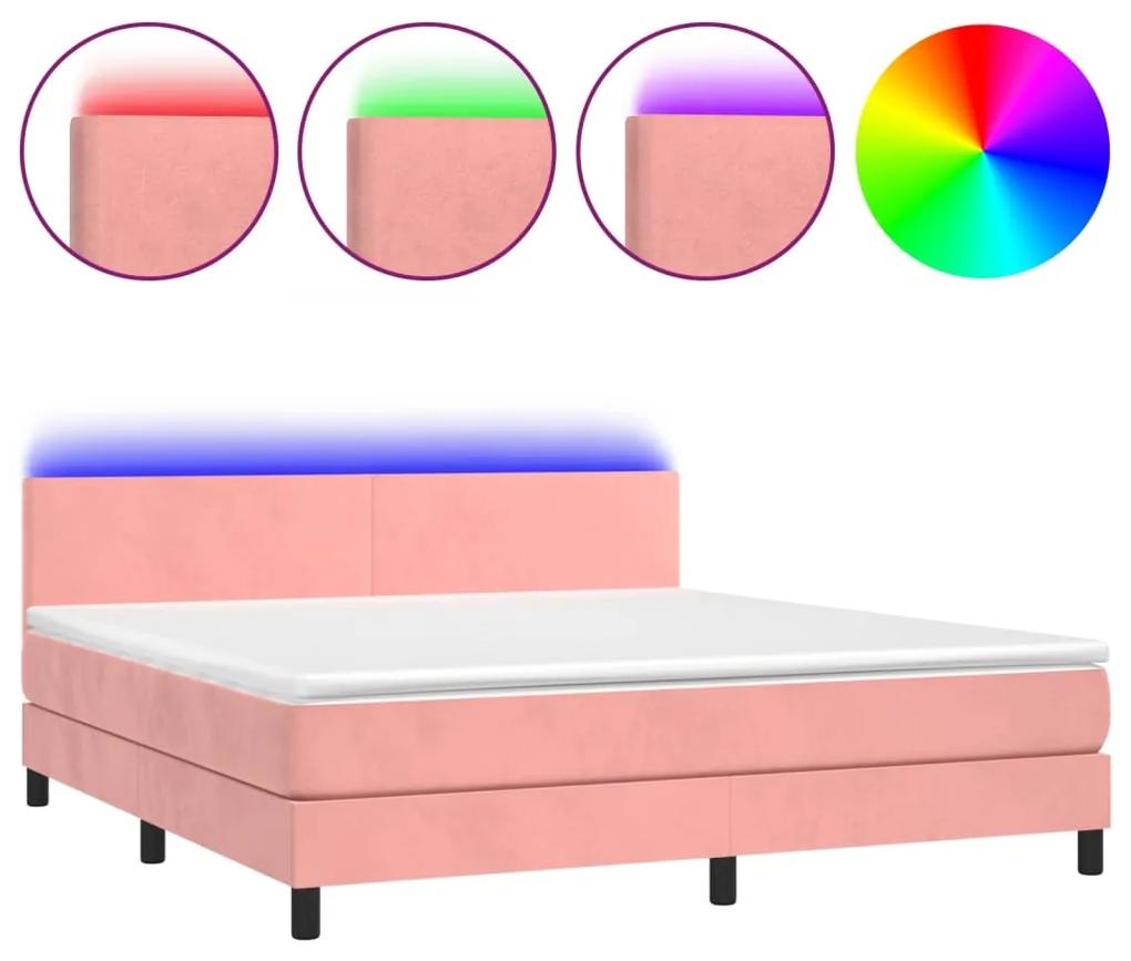 Pat cu arcuri, saltea  LED, roz, 180x200 cm, catifea Roz, 180 x 200 cm, Design simplu