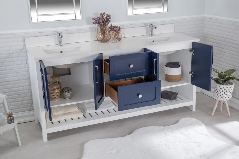 Set Mobilier Baie Yampa 72, Include Dulap Baza cu Lavoar Dublu și 2 Oglinzi, 180 cm, Albastru Inchis / Alb