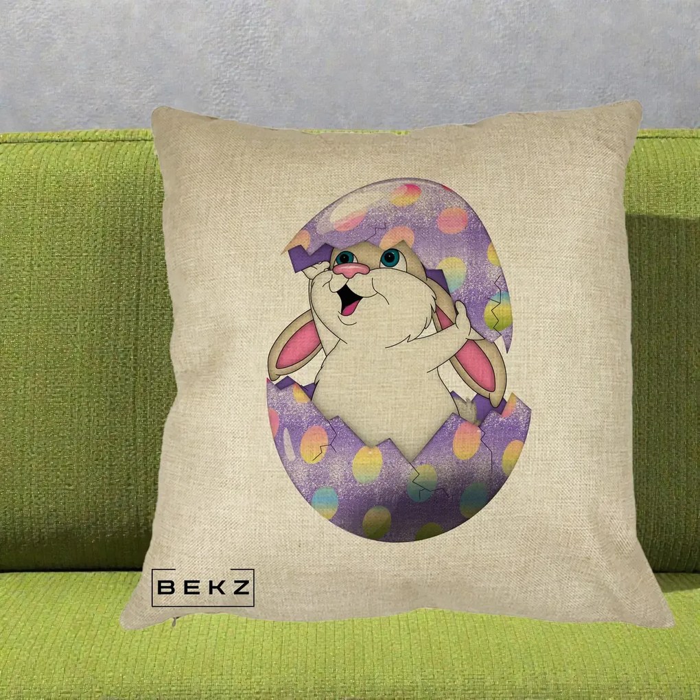 Perna Decorativa Iepuras din Ou de Pasti, 40x40 cm, Crem, Husa Detasabila, Perna Inclusa, BEKZ®